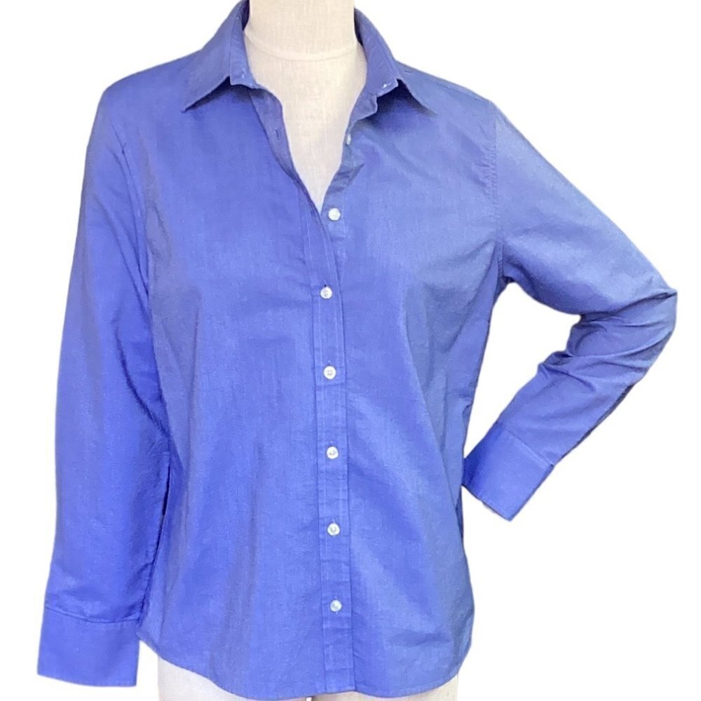 Lands' End Women's Button Front Cotton Polyester Shirt Sz M Blue 143F